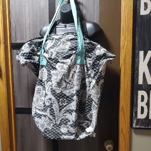 Canvas Floral Lace Print Tote with Teal Handles